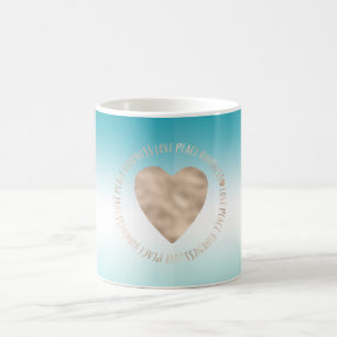 Mug Aqua Ombre Gold Love Peace Kindness Heart   