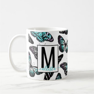 Mug Aqua Papillons Turquoises Aquarelle Motif Monogram