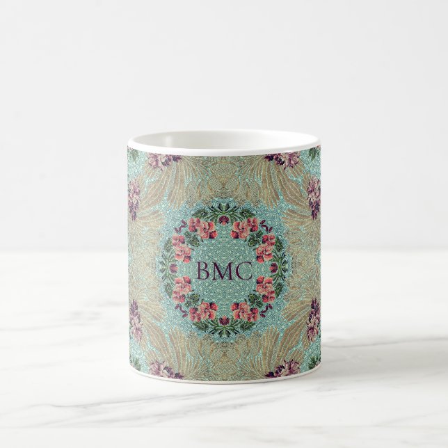 Mug Aqua Purple Rose Floral Faux Lampas Brocade (Centre)