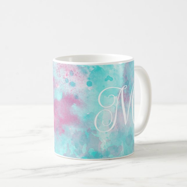 Mug Aqua Rose Aquarelle Laver et Musique Monogramme (Devant droit)