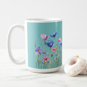 Mug Aqua Sky Blue avec Fleurs sauvages rose et bleu