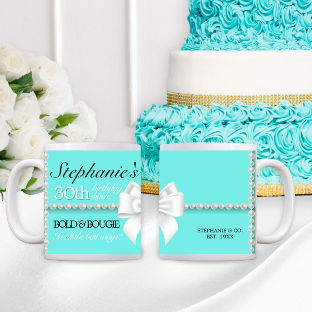 Mug Aqua Tiffany Turquoise & Bougie Anniversaire (Teal Aqua Tiffany Theme Birthday Gift for Her Bold & Bougie 30th Birthday Mug with Pearls and Bow)