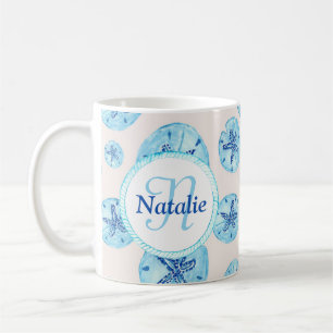 Mug Aqua turquoise bleu sable dollar aquarelle nom per