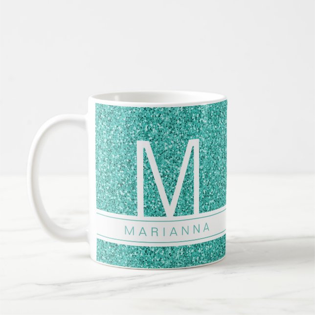 Mug Aqua Turquoise Blue Parties scintillant Monogramme (Gauche)