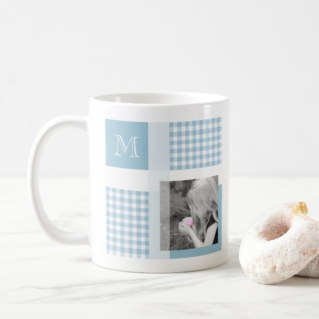 Mug Aquamarine Ajouter Votre Photo En vichy Monogramme (Avec donut)