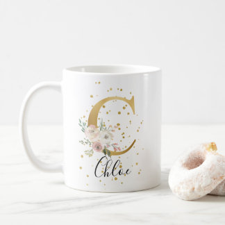 Mug Aquarelle à crème rose or Monogramme floral C
