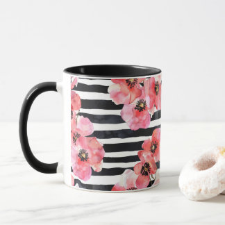 Mug Aquarelle Abstraite Florale rose et rayée noire