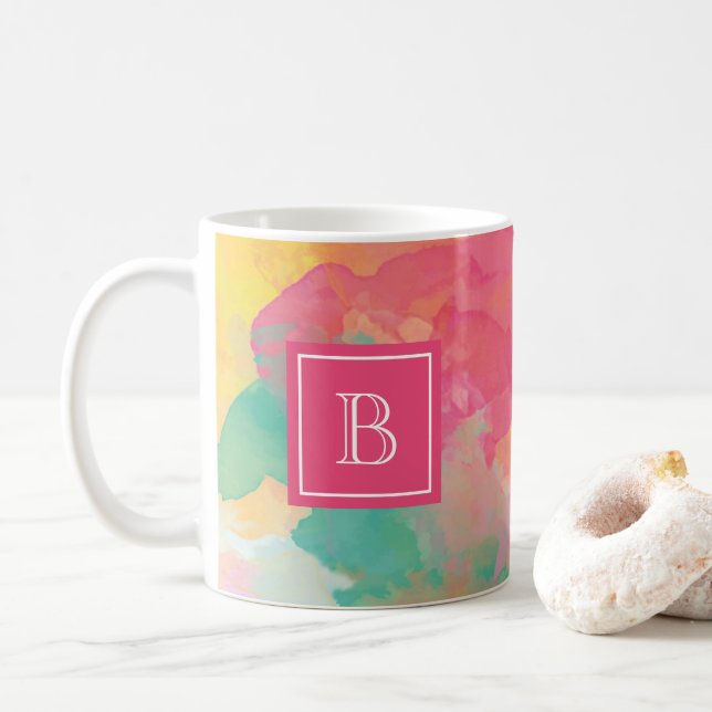Mug Aquarelle Abstraite Monogramme floral rose initial (Avec donut)