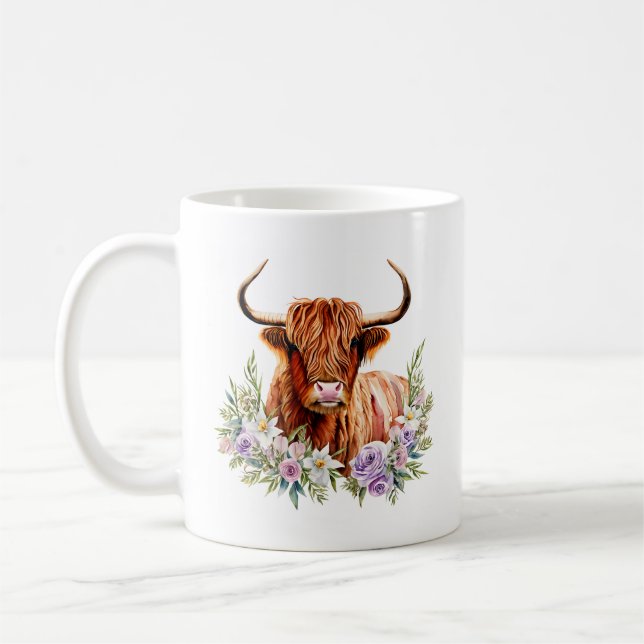 Mug Aquarelle adorable Vache et fleurs des Highlands (Gauche)
