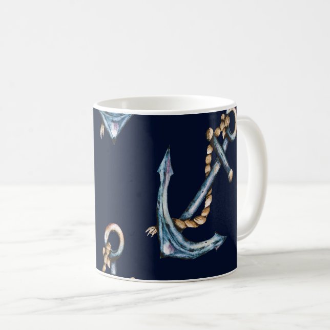 Mug Aquarelle Ancres Bleu Nuit (Devant droit)