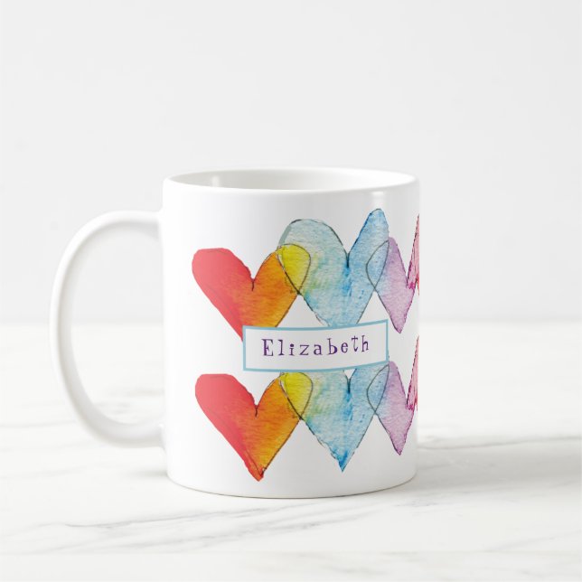 Mug Aquarelle arc-en-ciel Coeurs Monogramme peint à la (Gauche)