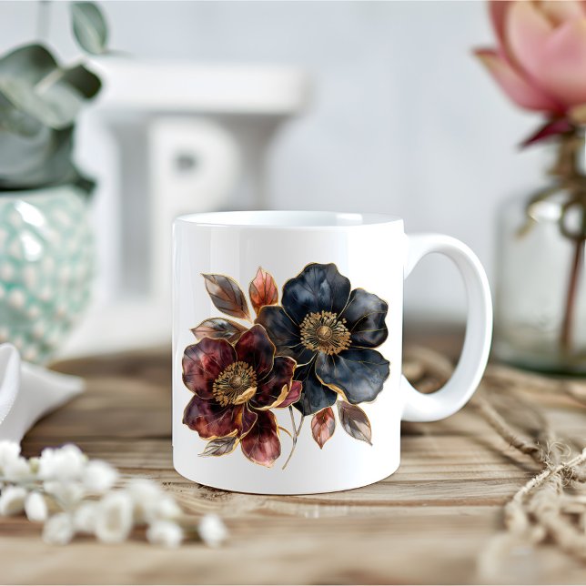 Mug Aquarelle audacieuse or noir fleurs bordeaux (Créateur téléchargé)