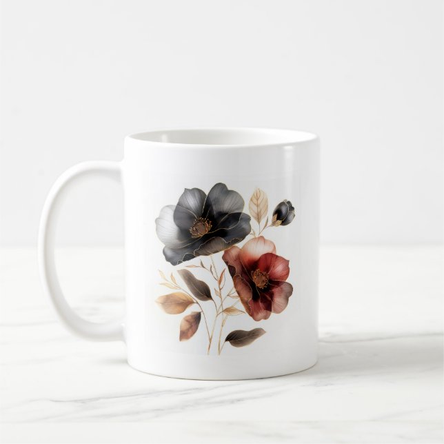 Mug Aquarelle audacieuse or noir fleurs bordeaux (Gauche)