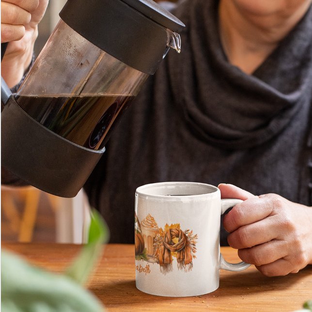 Mug Aquarelle Automne/Automne Citrouille Latte Scarf (Prepare for autumn with this cozy mug, perfect for both hot and cold beverages!)