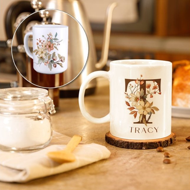 Mug Aquarelle Automne Floral Initiale T (Créateur téléchargé)