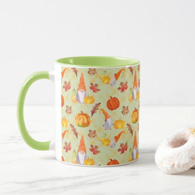 Mug Aquarelle Automne Gnomes, Combo Citrouille Et Feui (Avec donut)