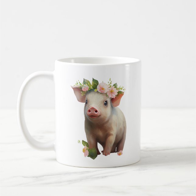 Mug Aquarelle Baby Piglet avec Fleurs sur la tête (Gauche)
