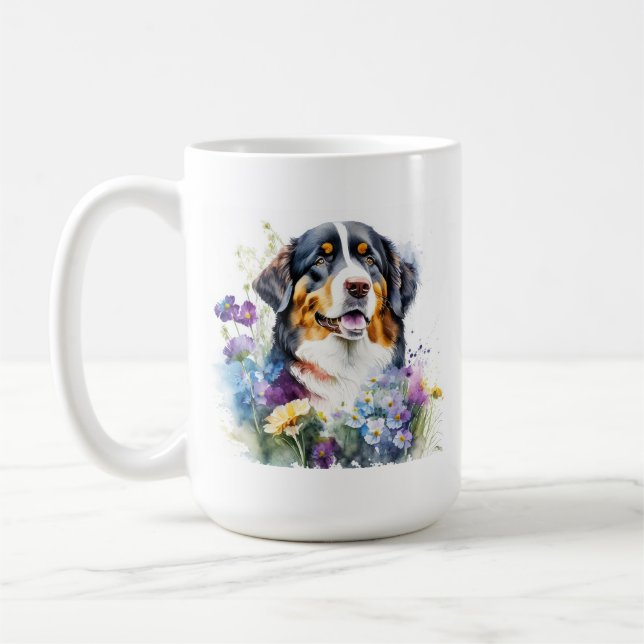 Mug Aquarelle Bernese Mountain Dog aux fleurs (Gauche)