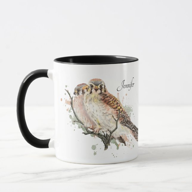 Mug Aquarelle Birding Kestrel Couple Nom personnalisé (Gauche)