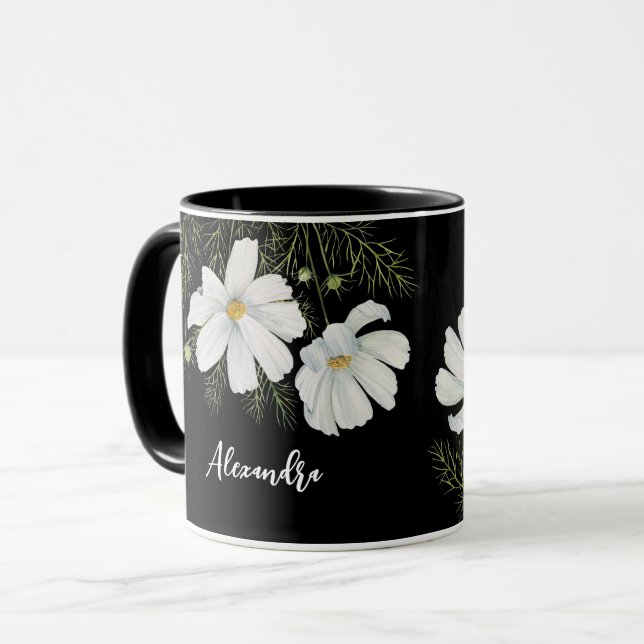 Mug Aquarelle Blanc Cosmos Fleurs Peinture Botanique (Devant gauche)
