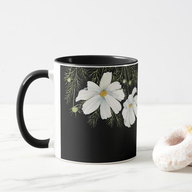 Mug Aquarelle Blanc Cosmos Fleurs Peinture Botanique (Avec donut)