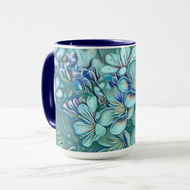 Mug Aquarelle blanche moderne bleu vert cerisier (Devant gauche)