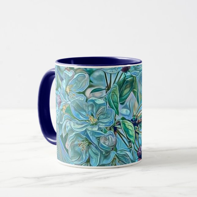 Mug Aquarelle blanche moderne bleu vert cerisier (Devant gauche)