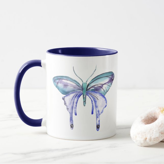 Mug aquarelle bleu bleu pourpre papillon (Avec donut)