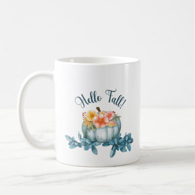 Mug Aquarelle Bleu Citrouille Feuilles automnales (Gauche)