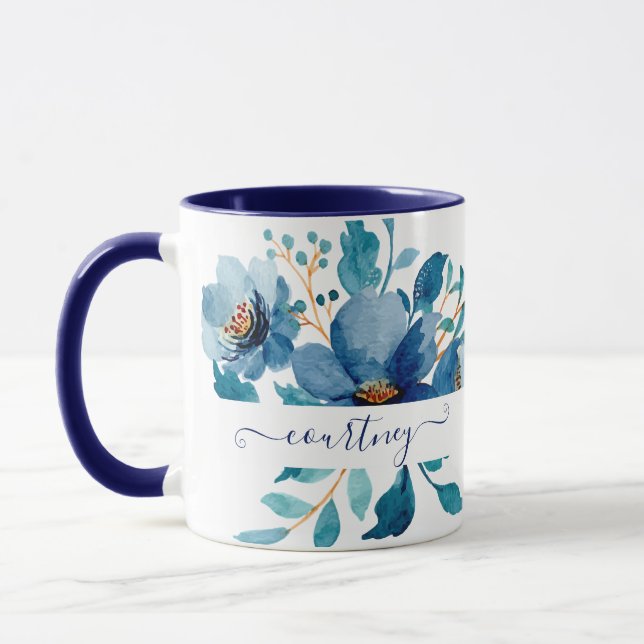 Mug Aquarelle bleu clair florale personnalisée (Gauche)