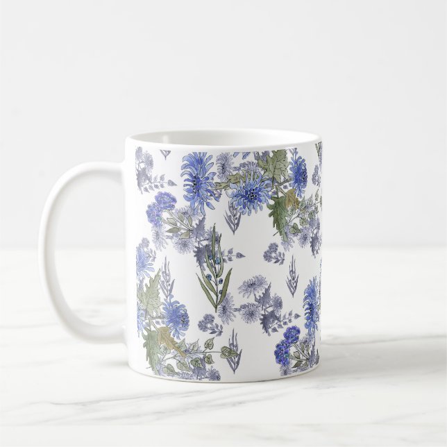 Mug Aquarelle bleu fleurs roses plumes blanc (Gauche)