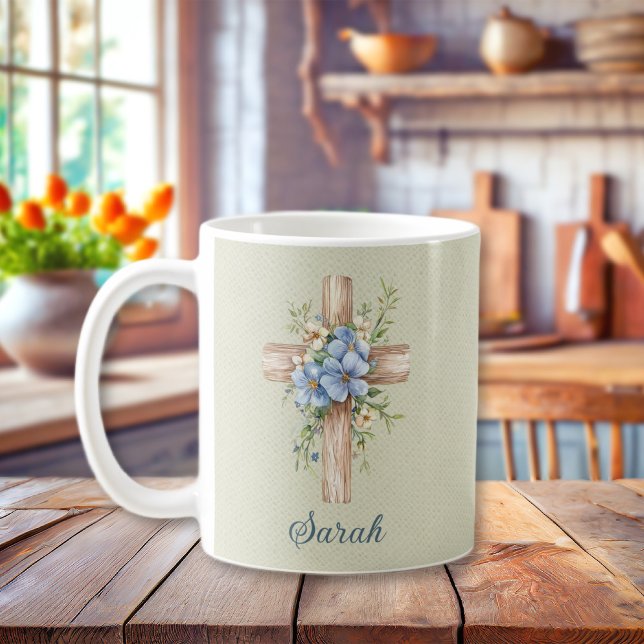 Mug Aquarelle bleu Floral Croix personnalisée (Watercolor Blue Floral Cross Personalized Coffee Mug
)