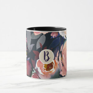 Mug Aquarelle bleu foncé et rose pâle Chic floral