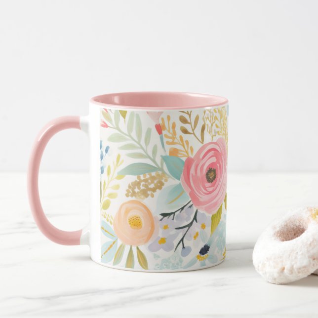Mug Aquarelle bleu rose pastel Floral Botanique (Avec donut)
