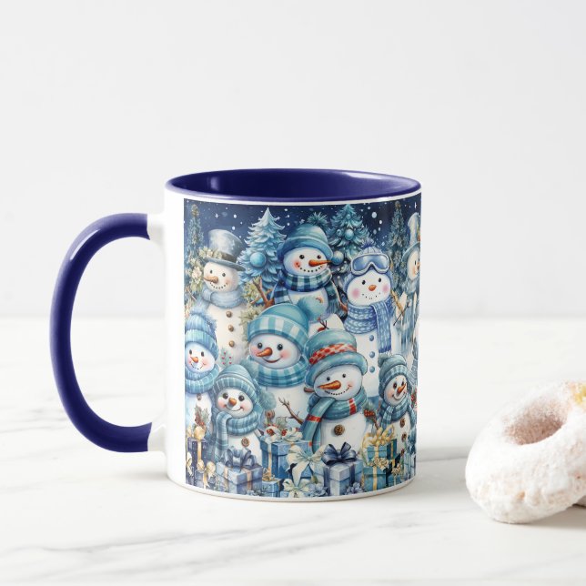 Mug Aquarelle Bleue Cute Famille Snowman (Avec donut)
