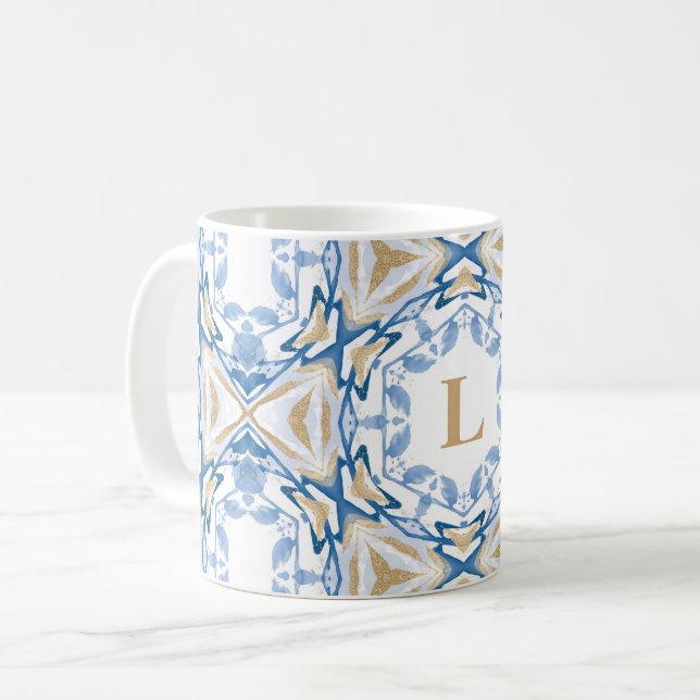 Mug Aquarelle bleue et Musique de monogramme or (Devant gauche)
