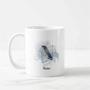 Mug Aquarelle bleue Nom personnalisé Lettre initiale N