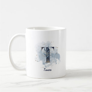 Mug Aquarelle bleue Nom personnalisé Lettre initiale T