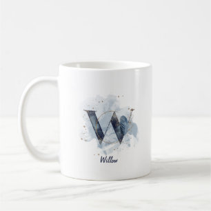 Mug Aquarelle bleue Nom personnalisé Lettre initiale W