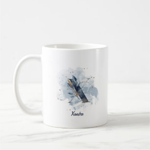 Mug Aquarelle bleue Nom personnalisé Lettre initiale X