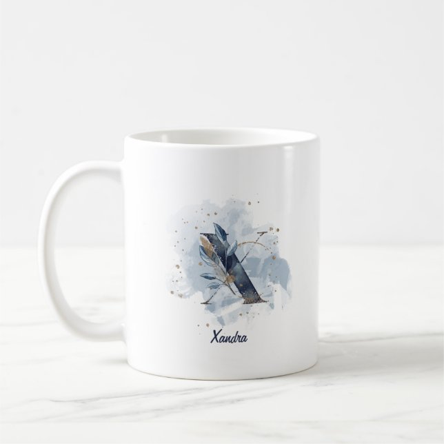 Mug Aquarelle bleue Nom personnalisé Lettre initiale X (Gauche)