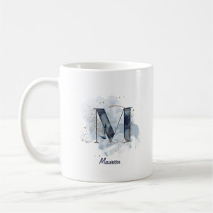 Mug Aquarelle bleue Nom personnalisé Lettre M initiale