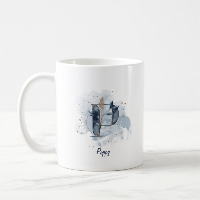 Mug Aquarelle bleue Nom personnalisé Lettre P initiale (Gauche)