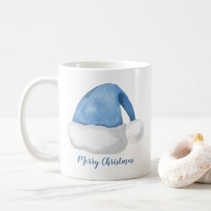 Mug Aquarelle bleue Santa Chapeau personnalisé Noël