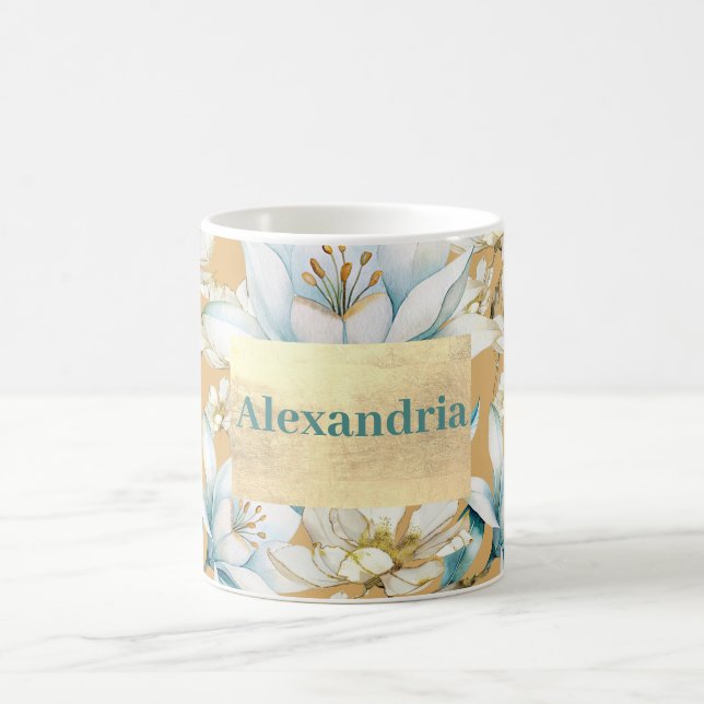 Mug Aquarelle botanique bleu blanc lily floral (Centre)