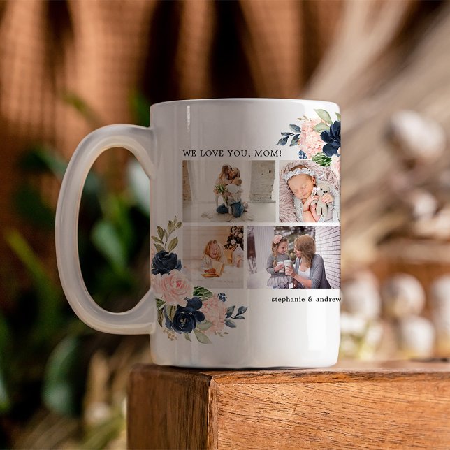 Mug Aquarelle botanique Collage photo florale (Presenting a custom-crafted Mother's Day mug with watercolor florals around a photo collage)