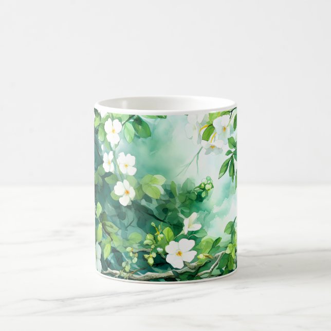 Mug Aquarelle botanique Fleurs blanches Feuilles verte (Centre)