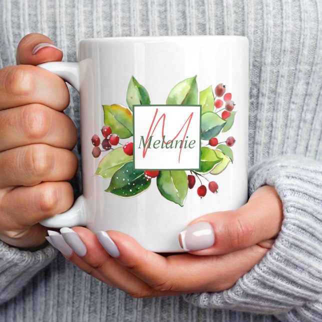 Mug Aquarelle botanique moderne Monogrammes Vacances (Créateur téléchargé)