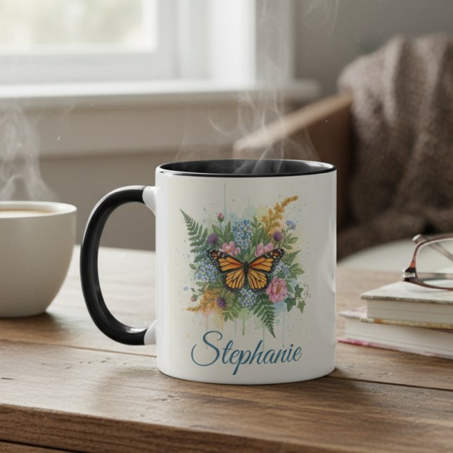 Mug Aquarelle botanique papillon (Personalized floral monarch butterfly coffee mug)