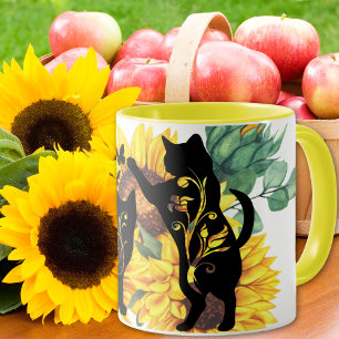 Mug Aquarelle Bouquet de tournesol Chat Silhouette flo